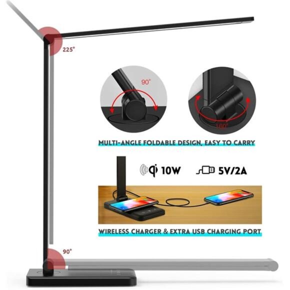 LED Desk Lamp with Wireless Charger, USB Charging Port, 10 Brightness, 5 Color - Picture 4 of 7